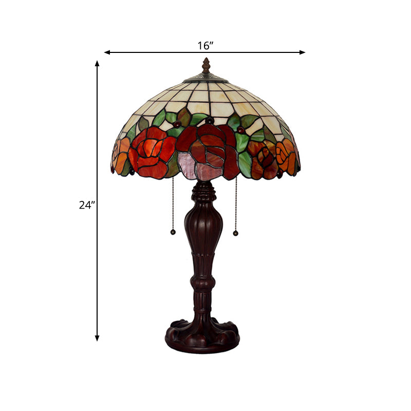 Rose-Edge Gridded Night Lamp 2-Light Stained Glass Tiffany Table Lighting with On Off Pull Chain in Coffee Clearhalo 'Lamps' 'Table Lamps' Lighting' 863885
