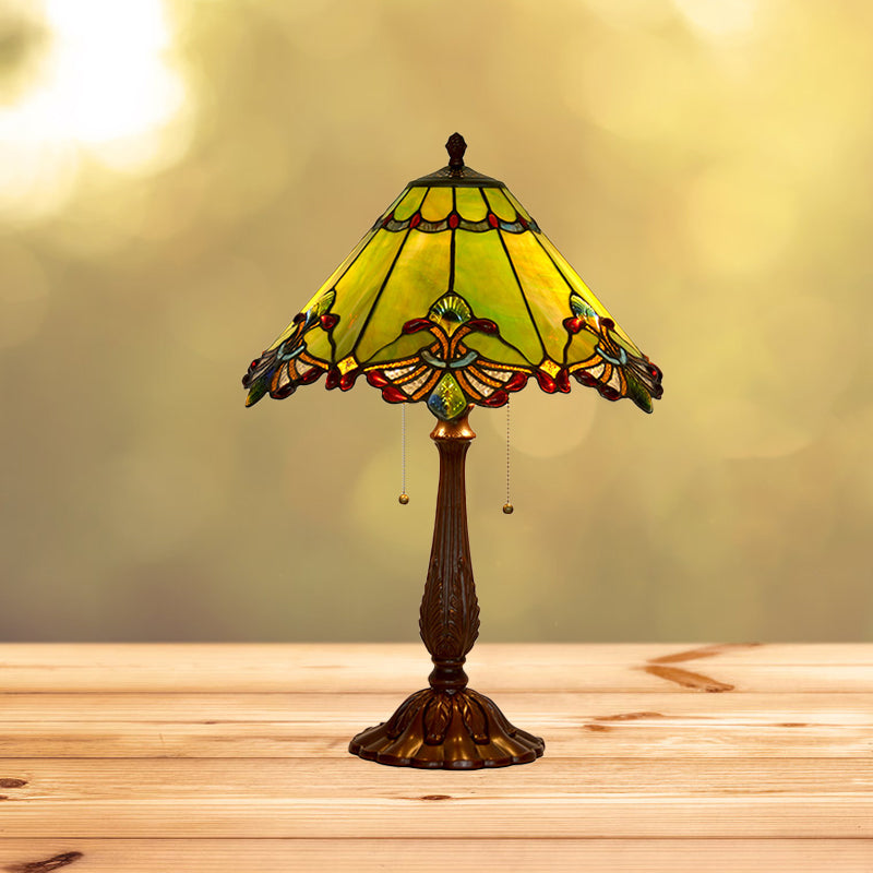 Emerald Green Glass Bronze Table Lamp Swan-Edge Conical 2-Bulb Baroque Style Nightstand Light Bronze Clearhalo 'Lamps' 'Table Lamps' Lighting' 863894