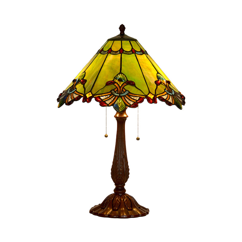 Emerald Green Glass Bronze Table Lamp Swan-Edge Conical 2-Bulb Baroque Style Nightstand Light Clearhalo 'Lamps' 'Table Lamps' Lighting' 863895