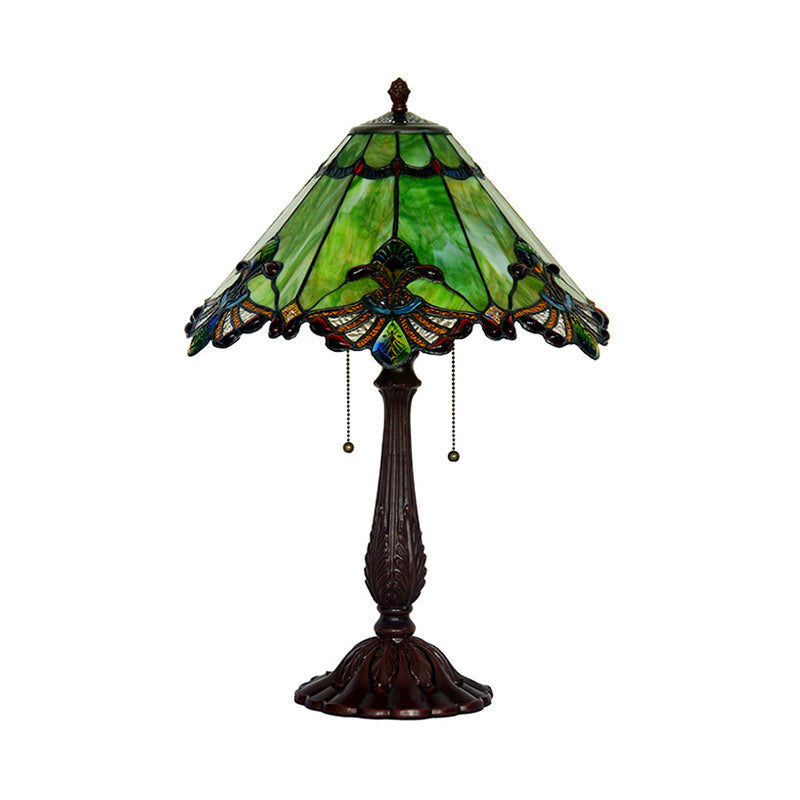 Emerald Green Glass Bronze Table Lamp Swan-Edge Conical 2-Bulb Baroque Style Nightstand Light Clearhalo 'Lamps' 'Table Lamps' Lighting' 863896