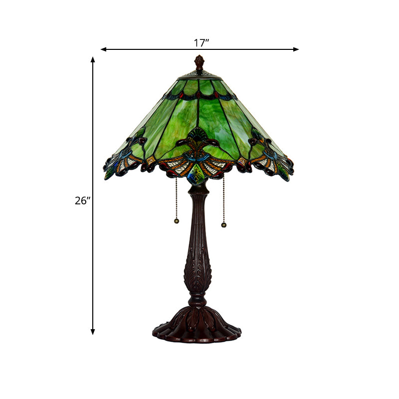 Emerald Green Glass Bronze Table Lamp Swan-Edge Conical 2-Bulb Baroque Style Nightstand Light Clearhalo 'Lamps' 'Table Lamps' Lighting' 863897