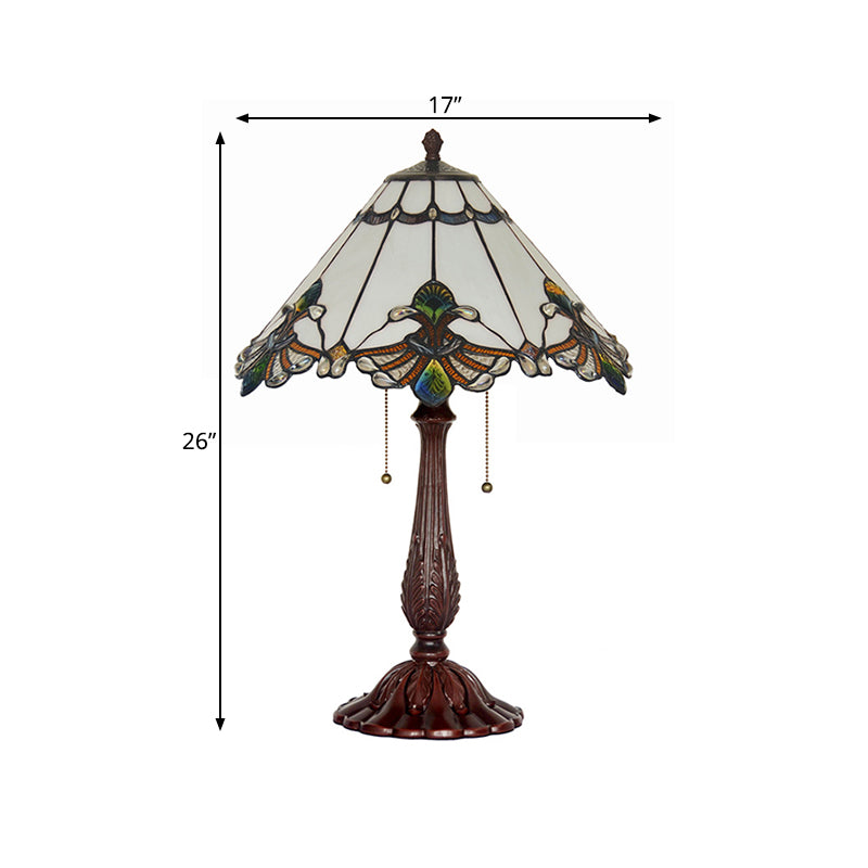 White Glass Goose Patterned Night Lamp Tiffany 2-Light Bronze Table Lighting with Pulling Chain Clearhalo 'Lamps' 'Table Lamps' Lighting' 863901