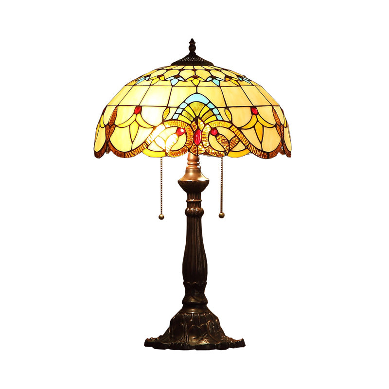 Grain Pattern Stained Glass Table Light Tiffany 2 Heads Bronze Nightstand Lamp with Pull Chain Switch Clearhalo 'Lamps' 'Table Lamps' Lighting' 863908