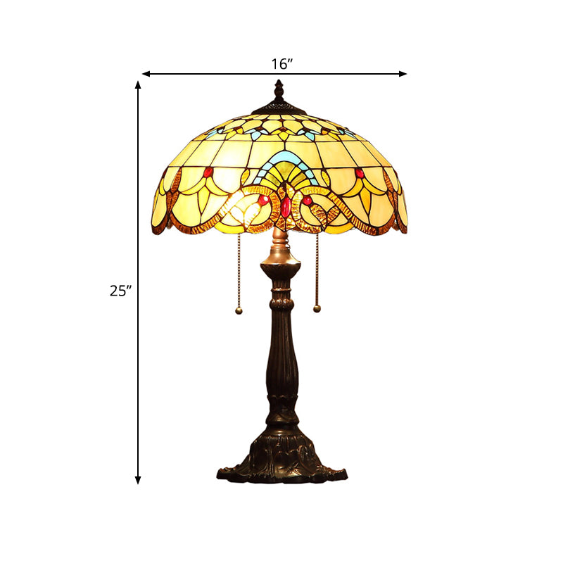 Grain Pattern Stained Glass Table Light Tiffany 2 Heads Bronze Nightstand Lamp with Pull Chain Switch Clearhalo 'Lamps' 'Table Lamps' Lighting' 863909