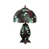 Grape-Pattern Bowl Shade Night Lamp Tiffany Stained Glass 2 Bulbs Blackish Green Table Lighting with Oval Base Clearhalo 'Lamps' 'Table Lamps' Lighting' 863912
