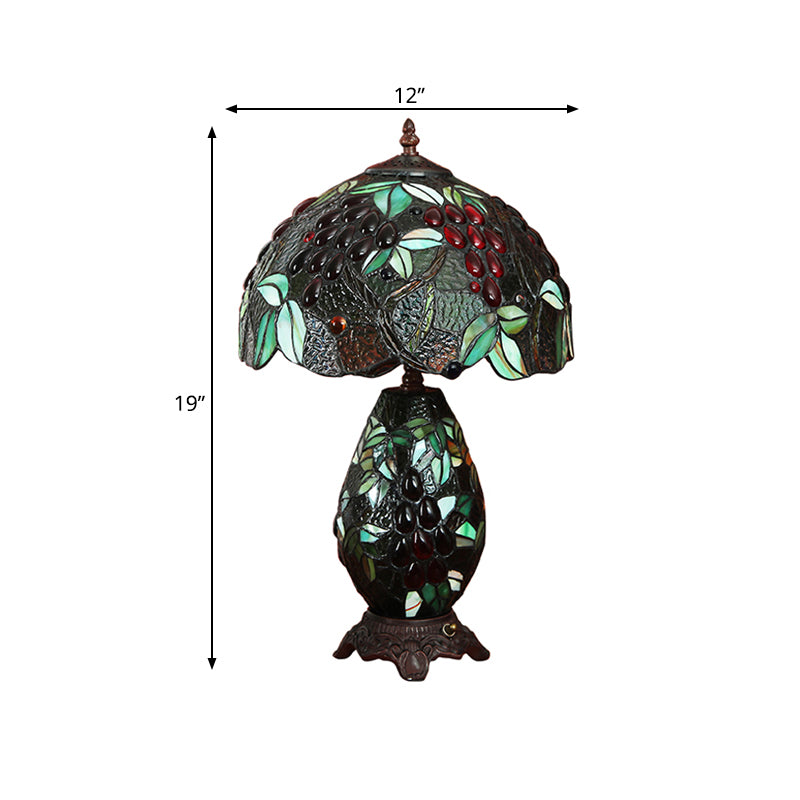 Grape-Pattern Bowl Shade Night Lamp Tiffany Stained Glass 2 Bulbs Blackish Green Table Lighting with Oval Base Clearhalo 'Lamps' 'Table Lamps' Lighting' 863913