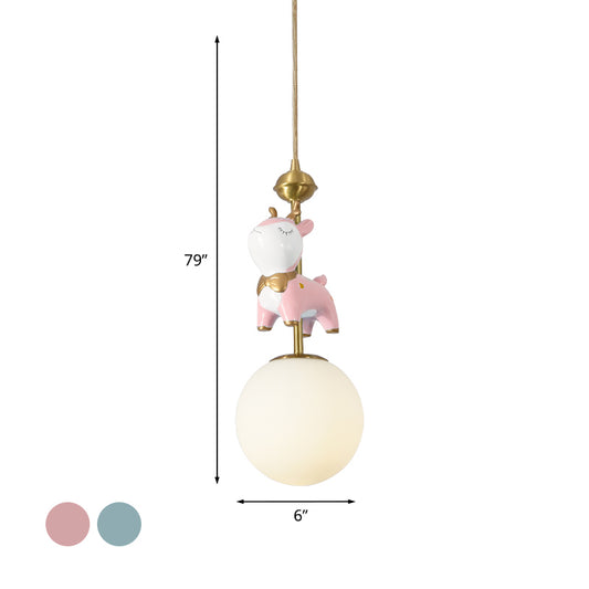 Resin Sika Deer Pendulum Light Cartoon 1 Bulb Blue/Pink-White/Blue-White Hanging Pendant with Ball Opal/Stained Glass Shade Clearhalo 'Ceiling Lights' 'Pendant Lights' 'Pendants' Lighting' 863925