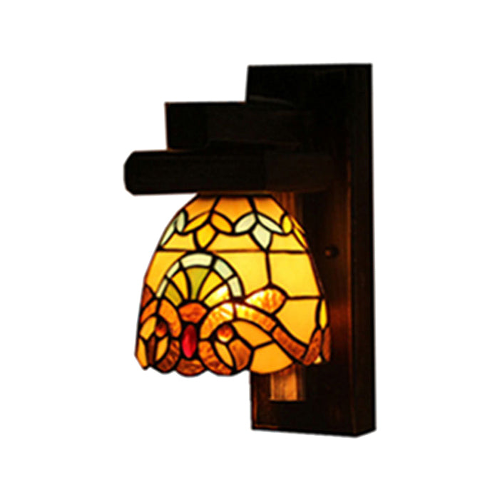 Victorian Rustic Dome Wall Lamp with Wood Balckplate 1 Light Stained Glass Wall Light Clearhalo 'Industrial' 'Middle century wall lights' 'Tiffany wall lights' 'Tiffany' 'Wall Lamps & Sconces' 'Wall Lights' Lighting' 86450