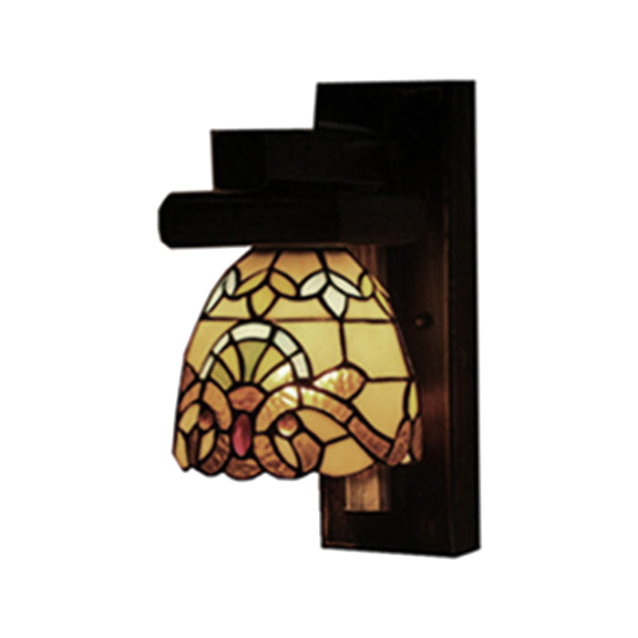 Victorian Rustic Dome Wall Lamp with Wood Balckplate 1 Light Stained Glass Wall Light Clearhalo 'Industrial' 'Middle century wall lights' 'Tiffany wall lights' 'Tiffany' 'Wall Lamps & Sconces' 'Wall Lights' Lighting' 86451