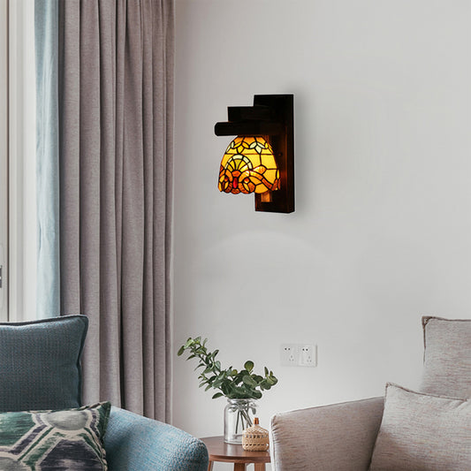 Victorian Rustic Dome Wall Lamp with Wood Balckplate 1 Light Stained Glass Wall Light Yellow Clearhalo 'Industrial' 'Middle century wall lights' 'Tiffany wall lights' 'Tiffany' 'Wall Lamps & Sconces' 'Wall Lights' Lighting' 86452