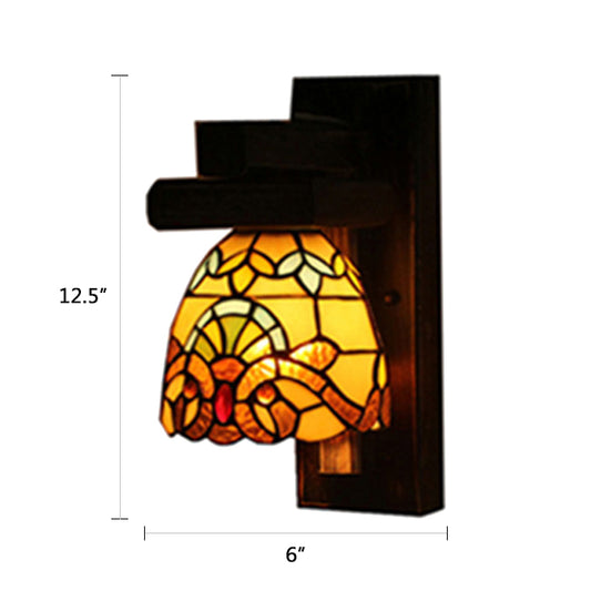 Victorian Rustic Dome Wall Lamp with Wood Balckplate 1 Light Stained Glass Wall Light Clearhalo 'Industrial' 'Middle century wall lights' 'Tiffany wall lights' 'Tiffany' 'Wall Lamps & Sconces' 'Wall Lights' Lighting' 86453