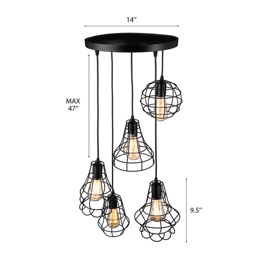 Vintage Style Caged Pendant Lighting with Different Shade 5 Heads Iron Ceiling Fixture in Black over Table Clearhalo 'Art Deco Pendants' 'Black' 'Cast Iron' 'Ceiling Lights' 'Ceramic' 'Crystal' 'Industrial Pendants' 'Industrial' 'Metal' 'Middle Century Pendants' 'Pendant Lights' 'Pendants' 'Rustic Pendants' 'Tiffany' Lighting' 86482