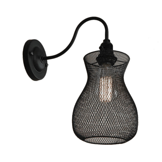 1 Bulb Vase Shape Wall Sconce with Mesh Shade Industrial Style Black Metal Wall Light Fixture for Corridor Clearhalo 'Art deco wall lights' 'Cast Iron' 'Glass' 'Industrial wall lights' 'Industrial' 'Middle century wall lights' 'Modern' 'Rustic wall lights' 'Tiffany' 'Traditional wall lights' 'Wall Lamps & Sconces' 'Wall Lights' Lighting' 86989