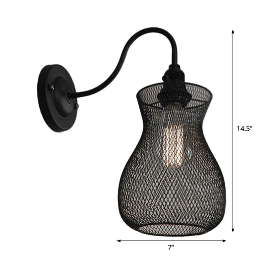 1 Bulb Vase Shape Wall Sconce with Mesh Shade Industrial Style Black Metal Wall Light Fixture for Corridor Clearhalo 'Art deco wall lights' 'Cast Iron' 'Glass' 'Industrial wall lights' 'Industrial' 'Middle century wall lights' 'Modern' 'Rustic wall lights' 'Tiffany' 'Traditional wall lights' 'Wall Lamps & Sconces' 'Wall Lights' Lighting' 86990