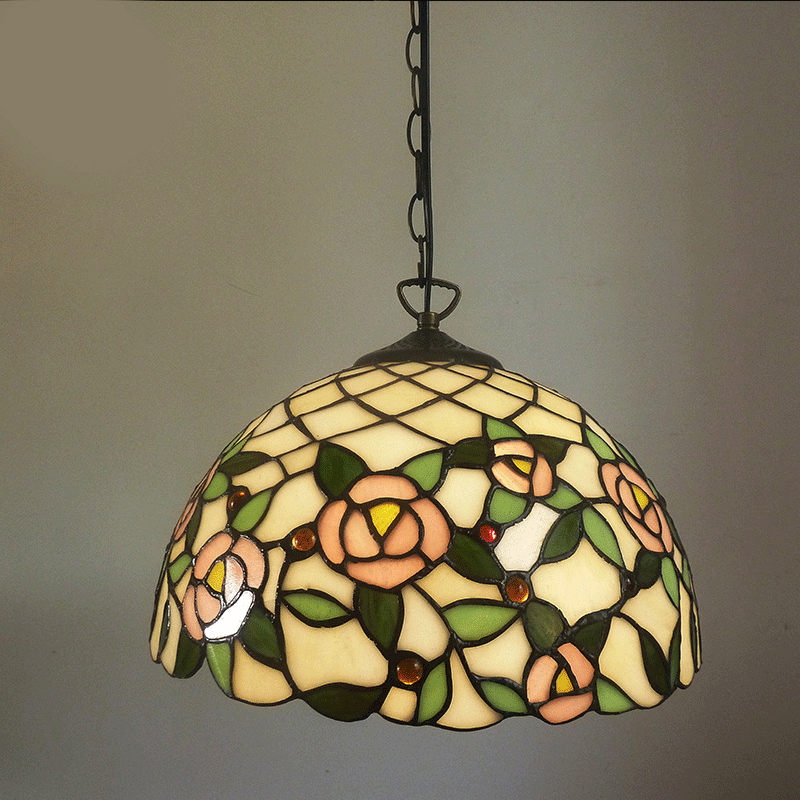 1 Bulb Bedroom Hanging Lamp Tiffany-Style Beige Ceiling Pendant Light with Hemisphere Stained Glass Shade Clearhalo 'Ceiling Lights' 'Close To Ceiling Lights' 'Industrial' 'Middle Century Pendants' 'Pendant Lights' 'Pendants' 'Tiffany close to ceiling' 'Tiffany Pendants' 'Tiffany' Lighting' 8701517448_2025243842