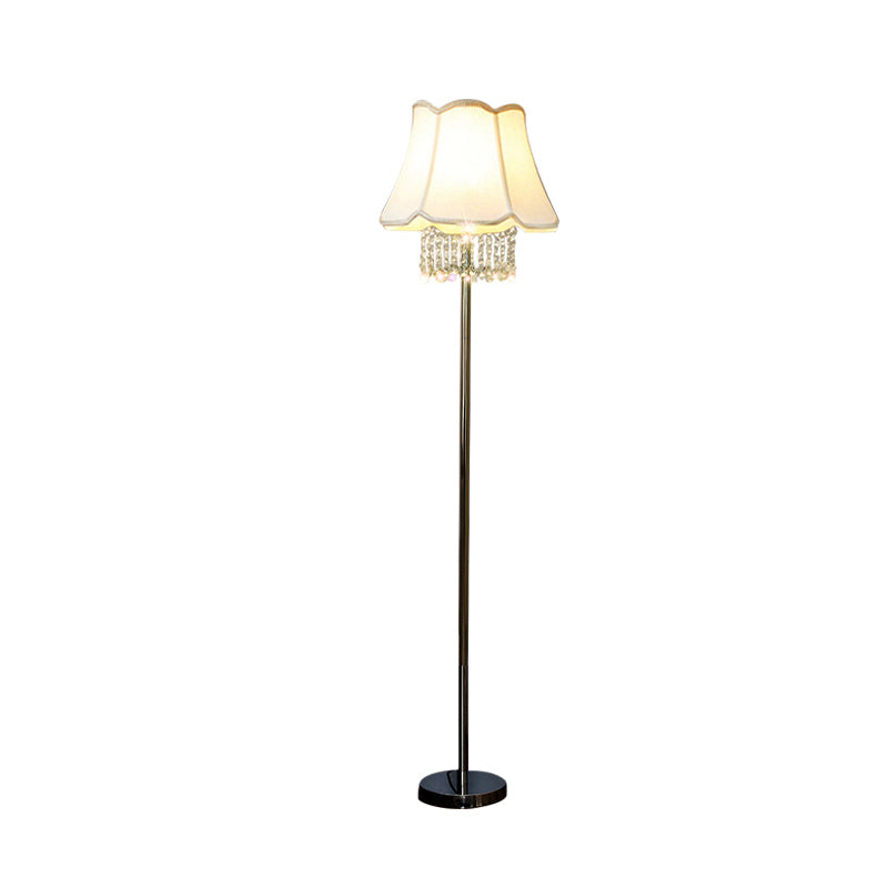 1-Head Flared Floor Reading Lamp Modern White Fabric Standing Light with Crystal Drape Clearhalo 'Floor Lamps' 'Lamps' Lighting' 874498