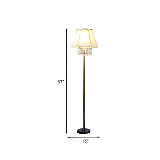 1-Head Flared Floor Reading Lamp Modern White Fabric Standing Light with Crystal Drape Clearhalo 'Floor Lamps' 'Lamps' Lighting' 874499