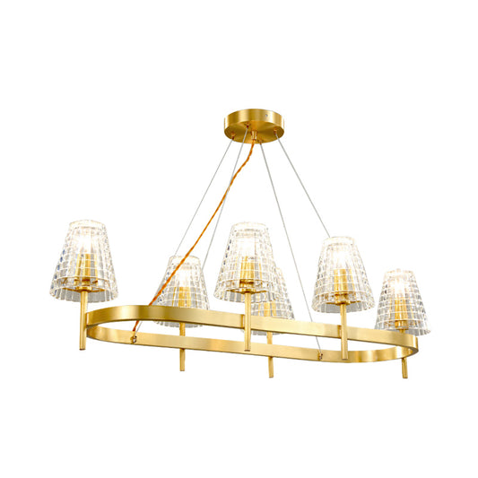 Gridded Crystal Conical Island Lamp Traditional 6 Bulbs Dining Room Pendant Light in Gold Clearhalo 'Ceiling Lights' 'Island Lights' Lighting' 874501