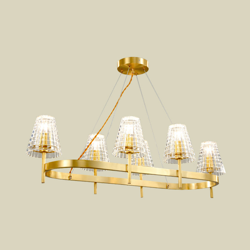 Gridded Crystal Conical Island Lamp Traditional 6 Bulbs Dining Room Pendant Light in Gold Clearhalo 'Ceiling Lights' 'Island Lights' Lighting' 874502