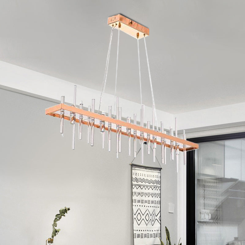 Iron Rose Gold Island Light Mesh Rectangle Contemporary LED Hanging Lamp with Inserted Crystal Rod Clearhalo 'Ceiling Lights' 'Island Lights' Lighting' 874505