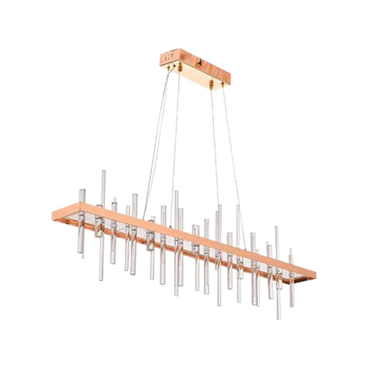 Iron Rose Gold Island Light Mesh Rectangle Contemporary LED Hanging Lamp with Inserted Crystal Rod Clearhalo 'Ceiling Lights' 'Island Lights' Lighting' 874506