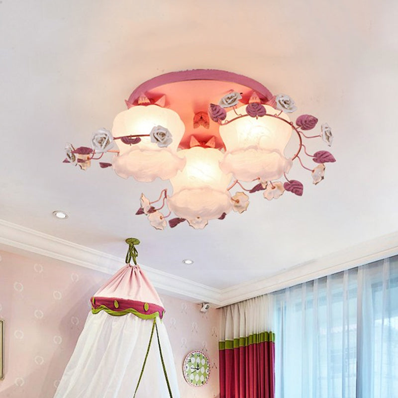 Pastoral Half-Open Flower Ceiling Lamp 3/5 Lights Frosted Glass Semi Mount Lighting with Rose Wreath in Pink/Blue 3 Pink Clearhalo 'Ceiling Lights' 'Close To Ceiling Lights' 'Close to ceiling' 'Glass shade' 'Glass' 'Semi-flushmount' Lighting' 874523