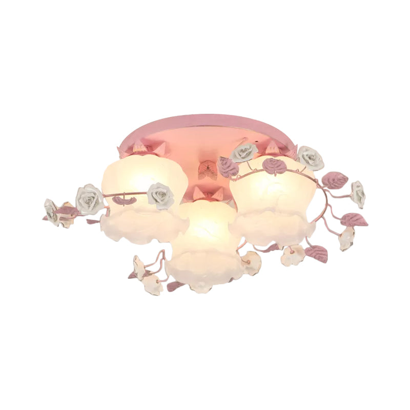 Pastoral Half-Open Flower Ceiling Lamp 3/5 Lights Frosted Glass Semi Mount Lighting with Rose Wreath in Pink/Blue Clearhalo 'Ceiling Lights' 'Close To Ceiling Lights' 'Close to ceiling' 'Glass shade' 'Glass' 'Semi-flushmount' Lighting' 874524