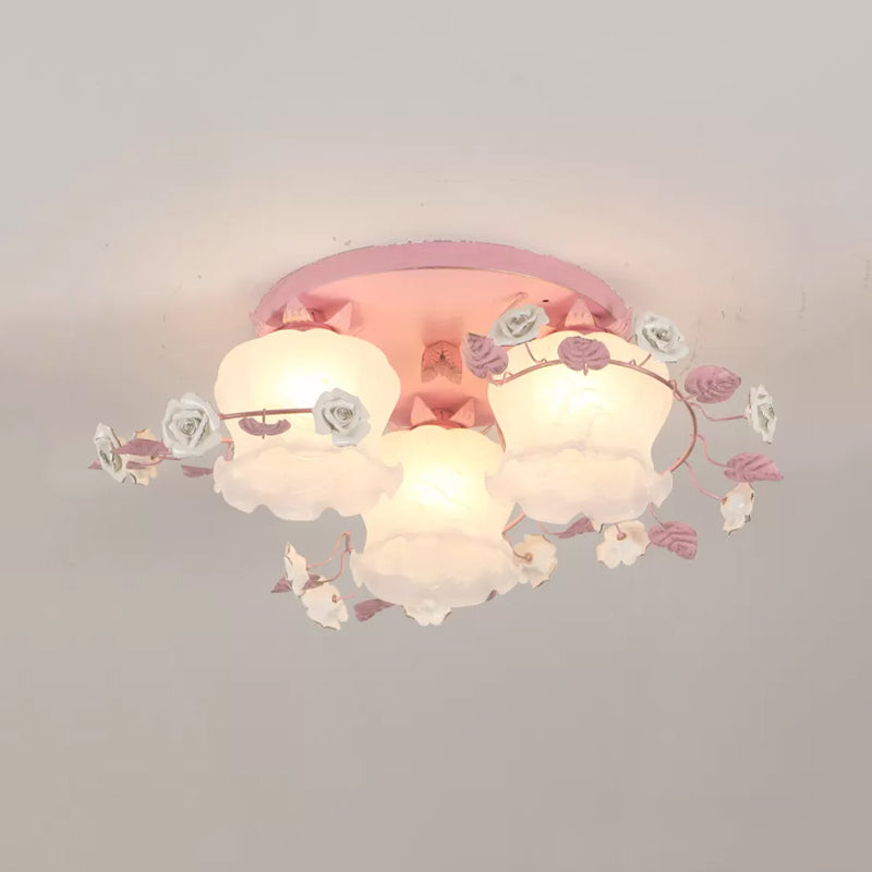 Pastoral Half-Open Flower Ceiling Lamp 3/5 Lights Frosted Glass Semi Mount Lighting with Rose Wreath in Pink/Blue Clearhalo 'Ceiling Lights' 'Close To Ceiling Lights' 'Close to ceiling' 'Glass shade' 'Glass' 'Semi-flushmount' Lighting' 874525