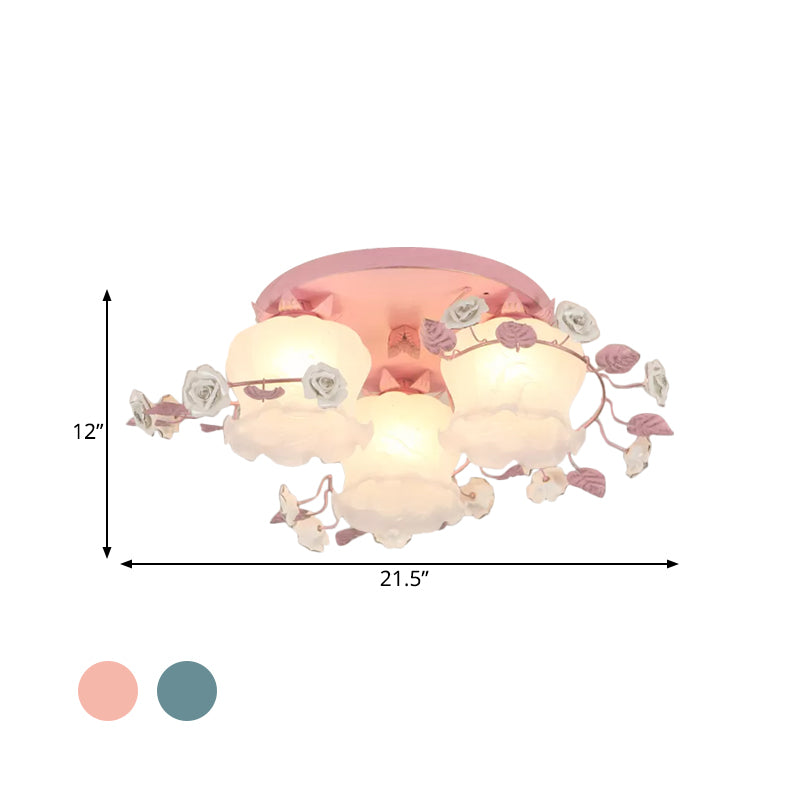 Pastoral Half-Open Flower Ceiling Lamp 3/5 Lights Frosted Glass Semi Mount Lighting with Rose Wreath in Pink/Blue Clearhalo 'Ceiling Lights' 'Close To Ceiling Lights' 'Close to ceiling' 'Glass shade' 'Glass' 'Semi-flushmount' Lighting' 874526