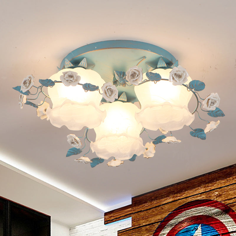 Pastoral Half-Open Flower Ceiling Lamp 3/5 Lights Frosted Glass Semi Mount Lighting with Rose Wreath in Pink/Blue 3 Blue Clearhalo 'Ceiling Lights' 'Close To Ceiling Lights' 'Close to ceiling' 'Glass shade' 'Glass' 'Semi-flushmount' Lighting' 874527