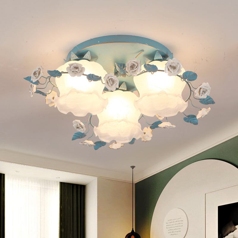 Pastoral Half-Open Flower Ceiling Lamp 3/5 Lights Frosted Glass Semi Mount Lighting with Rose Wreath in Pink/Blue Clearhalo 'Ceiling Lights' 'Close To Ceiling Lights' 'Close to ceiling' 'Glass shade' 'Glass' 'Semi-flushmount' Lighting' 874528