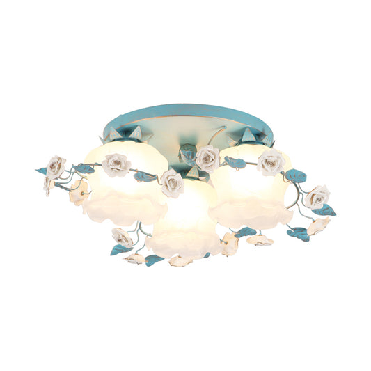Pastoral Half-Open Flower Ceiling Lamp 3/5 Lights Frosted Glass Semi Mount Lighting with Rose Wreath in Pink/Blue Clearhalo 'Ceiling Lights' 'Close To Ceiling Lights' 'Close to ceiling' 'Glass shade' 'Glass' 'Semi-flushmount' Lighting' 874529