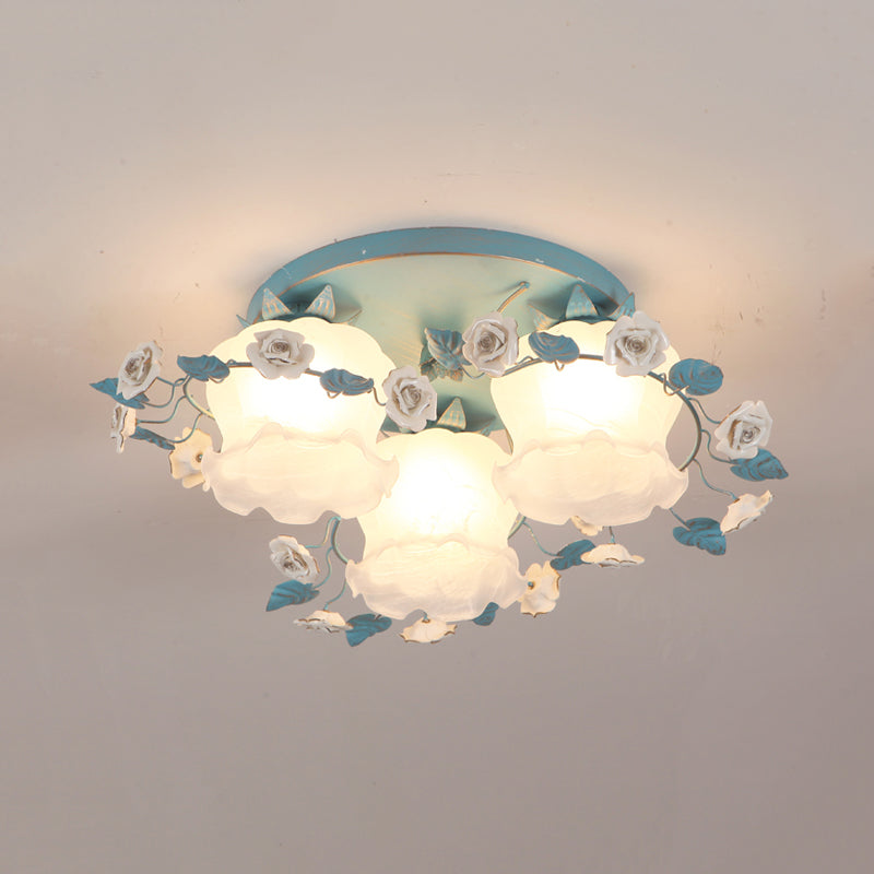 Pastoral Half-Open Flower Ceiling Lamp 3/5 Lights Frosted Glass Semi Mount Lighting with Rose Wreath in Pink/Blue Clearhalo 'Ceiling Lights' 'Close To Ceiling Lights' 'Close to ceiling' 'Glass shade' 'Glass' 'Semi-flushmount' Lighting' 874530