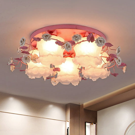 Pastoral Half-Open Flower Ceiling Lamp 3/5 Lights Frosted Glass Semi Mount Lighting with Rose Wreath in Pink/Blue 5 Pink Clearhalo 'Ceiling Lights' 'Close To Ceiling Lights' 'Close to ceiling' 'Glass shade' 'Glass' 'Semi-flushmount' Lighting' 874531