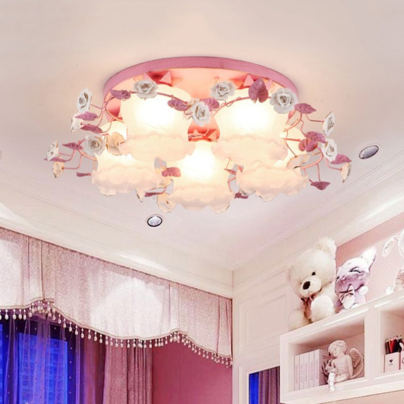 Pastoral Half-Open Flower Ceiling Lamp 3/5 Lights Frosted Glass Semi Mount Lighting with Rose Wreath in Pink/Blue Clearhalo 'Ceiling Lights' 'Close To Ceiling Lights' 'Close to ceiling' 'Glass shade' 'Glass' 'Semi-flushmount' Lighting' 874532