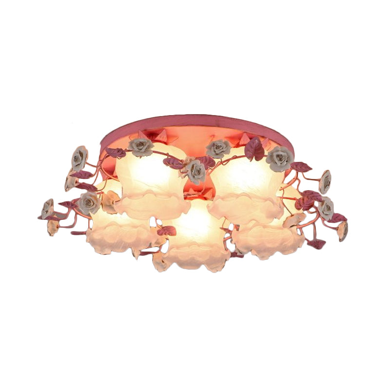 Pastoral Half-Open Flower Ceiling Lamp 3/5 Lights Frosted Glass Semi Mount Lighting with Rose Wreath in Pink/Blue Clearhalo 'Ceiling Lights' 'Close To Ceiling Lights' 'Close to ceiling' 'Glass shade' 'Glass' 'Semi-flushmount' Lighting' 874533