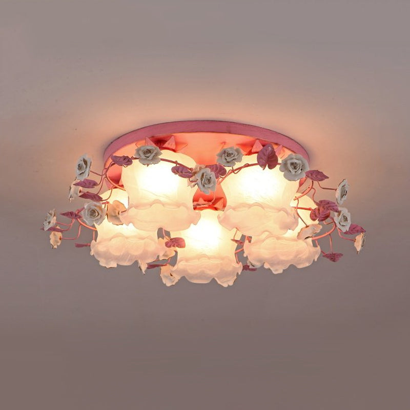 Pastoral Half-Open Flower Ceiling Lamp 3/5 Lights Frosted Glass Semi Mount Lighting with Rose Wreath in Pink/Blue Clearhalo 'Ceiling Lights' 'Close To Ceiling Lights' 'Close to ceiling' 'Glass shade' 'Glass' 'Semi-flushmount' Lighting' 874534
