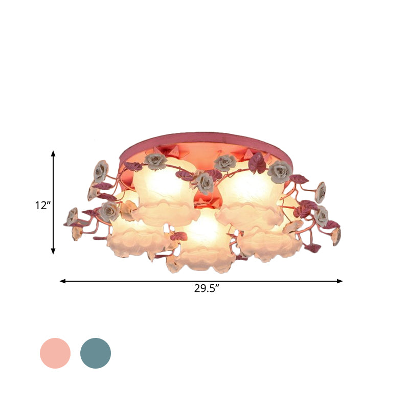 Pastoral Half-Open Flower Ceiling Lamp 3/5 Lights Frosted Glass Semi Mount Lighting with Rose Wreath in Pink/Blue Clearhalo 'Ceiling Lights' 'Close To Ceiling Lights' 'Close to ceiling' 'Glass shade' 'Glass' 'Semi-flushmount' Lighting' 874535