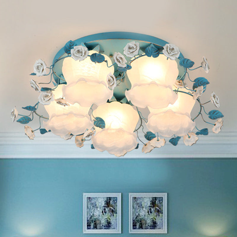 Pastoral Half-Open Flower Ceiling Lamp 3/5 Lights Frosted Glass Semi Mount Lighting with Rose Wreath in Pink/Blue 5 Blue Clearhalo 'Ceiling Lights' 'Close To Ceiling Lights' 'Close to ceiling' 'Glass shade' 'Glass' 'Semi-flushmount' Lighting' 874536