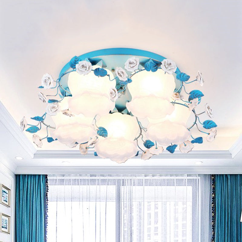 Pastoral Half-Open Flower Ceiling Lamp 3/5 Lights Frosted Glass Semi Mount Lighting with Rose Wreath in Pink/Blue Clearhalo 'Ceiling Lights' 'Close To Ceiling Lights' 'Close to ceiling' 'Glass shade' 'Glass' 'Semi-flushmount' Lighting' 874537