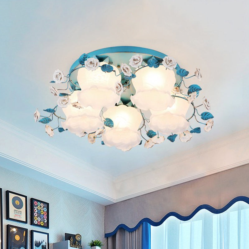 Pastoral Half-Open Flower Ceiling Lamp 3/5 Lights Frosted Glass Semi Mount Lighting with Rose Wreath in Pink/Blue Clearhalo 'Ceiling Lights' 'Close To Ceiling Lights' 'Close to ceiling' 'Glass shade' 'Glass' 'Semi-flushmount' Lighting' 874538