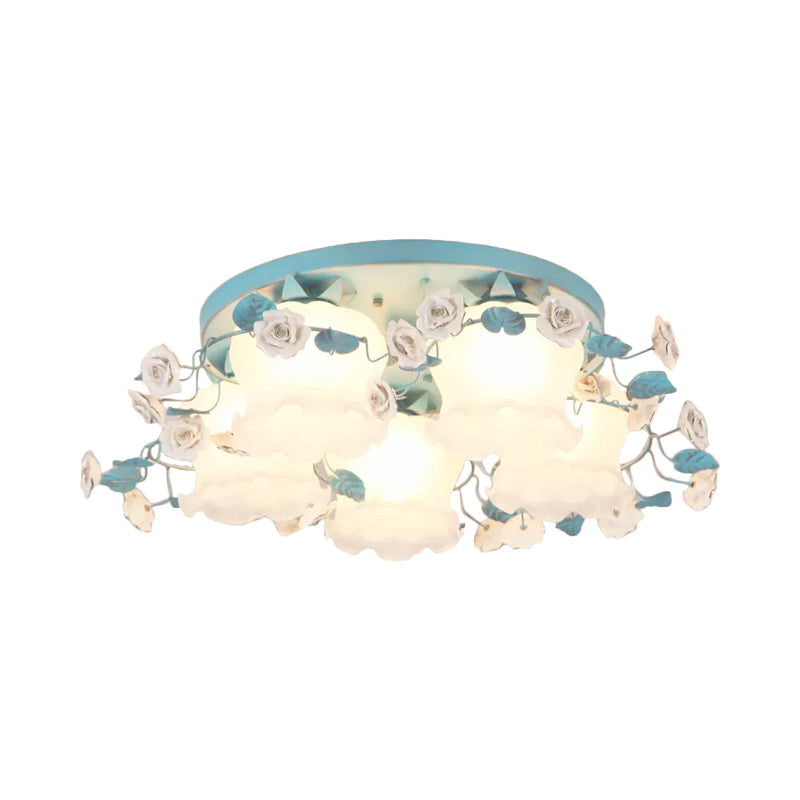 Pastoral Half-Open Flower Ceiling Lamp 3/5 Lights Frosted Glass Semi Mount Lighting with Rose Wreath in Pink/Blue Clearhalo 'Ceiling Lights' 'Close To Ceiling Lights' 'Close to ceiling' 'Glass shade' 'Glass' 'Semi-flushmount' Lighting' 874539