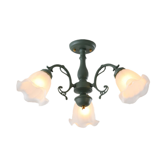 3/5 Bulbs Ruffled Adjustable Semi Flush American Flower Grey/Blue/Green Matte Glass Ceiling Mount Chandelier Clearhalo 'Ceiling Lights' 'Close To Ceiling Lights' 'Close to ceiling' 'Glass shade' 'Glass' 'Semi-flushmount' Lighting' 874541