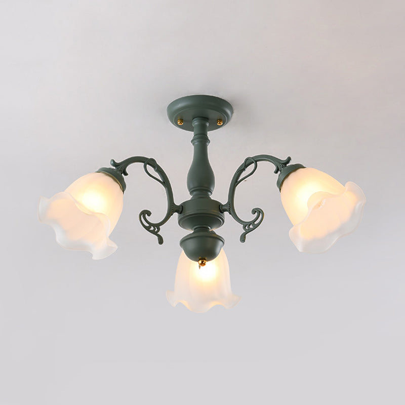 3/5 Bulbs Ruffled Adjustable Semi Flush American Flower Grey/Blue/Green Matte Glass Ceiling Mount Chandelier Clearhalo 'Ceiling Lights' 'Close To Ceiling Lights' 'Close to ceiling' 'Glass shade' 'Glass' 'Semi-flushmount' Lighting' 874542