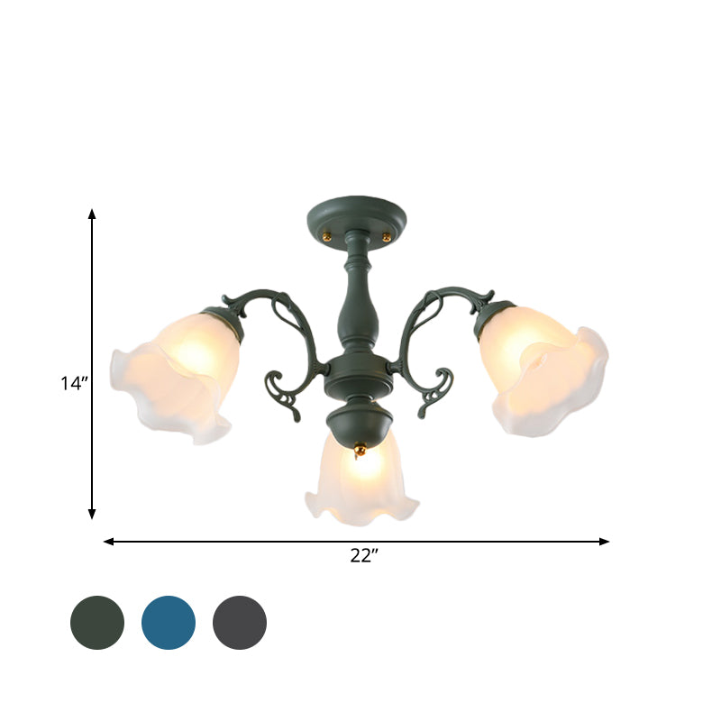 3/5 Bulbs Ruffled Adjustable Semi Flush American Flower Grey/Blue/Green Matte Glass Ceiling Mount Chandelier Clearhalo 'Ceiling Lights' 'Close To Ceiling Lights' 'Close to ceiling' 'Glass shade' 'Glass' 'Semi-flushmount' Lighting' 874543
