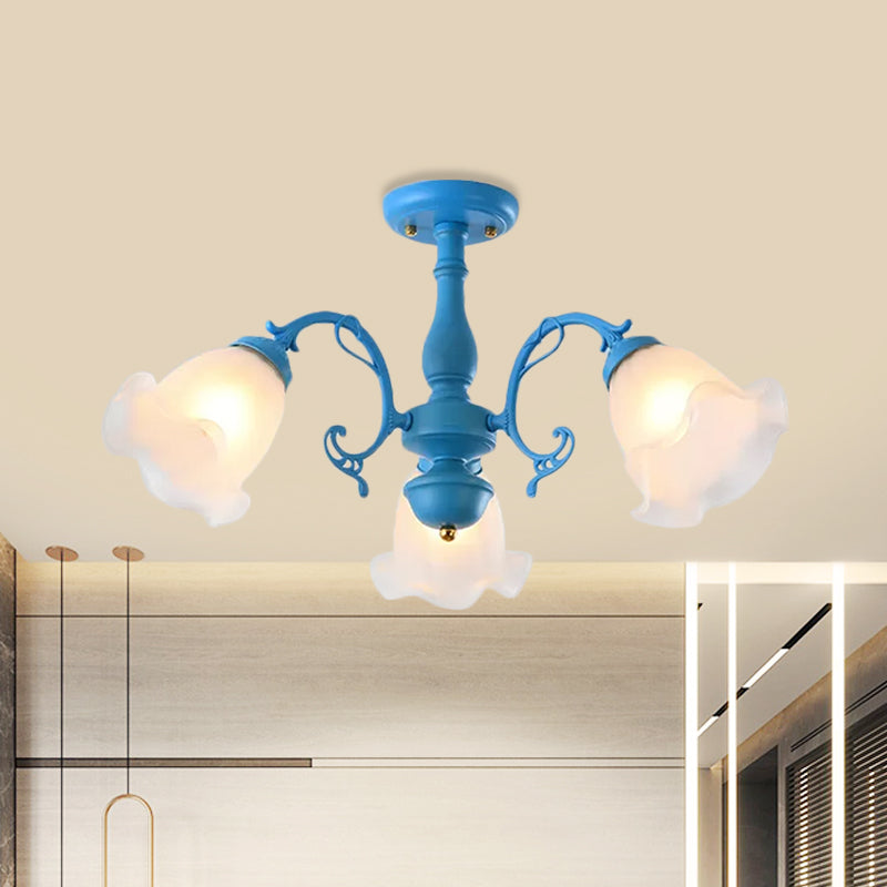 3/5 Bulbs Ruffled Adjustable Semi Flush American Flower Grey/Blue/Green Matte Glass Ceiling Mount Chandelier Clearhalo 'Ceiling Lights' 'Close To Ceiling Lights' 'Close to ceiling' 'Glass shade' 'Glass' 'Semi-flushmount' Lighting' 874545