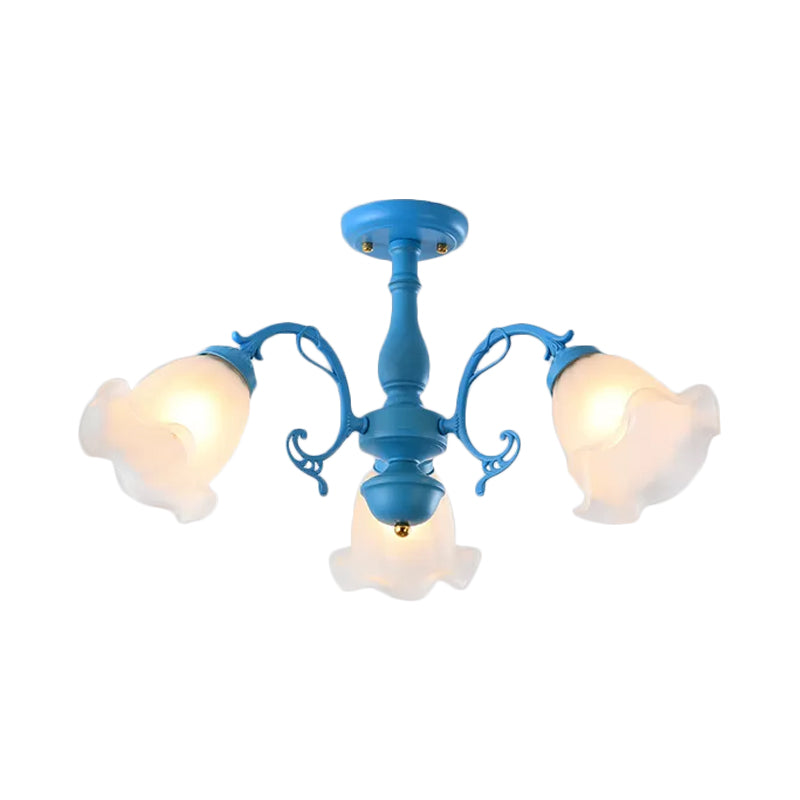 3/5 Bulbs Ruffled Adjustable Semi Flush American Flower Grey/Blue/Green Matte Glass Ceiling Mount Chandelier Clearhalo 'Ceiling Lights' 'Close To Ceiling Lights' 'Close to ceiling' 'Glass shade' 'Glass' 'Semi-flushmount' Lighting' 874546