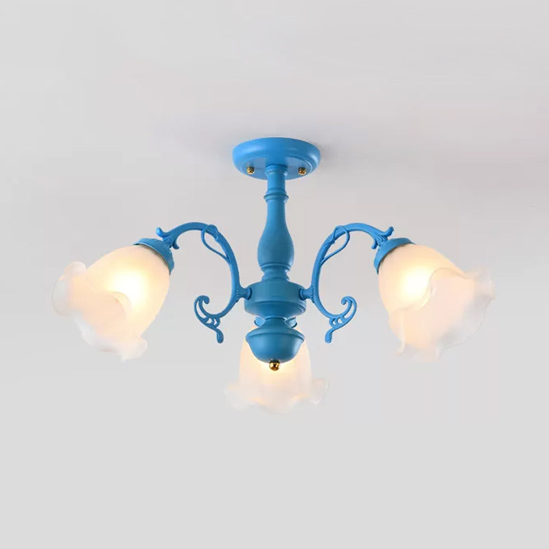 3/5 Bulbs Ruffled Adjustable Semi Flush American Flower Grey/Blue/Green Matte Glass Ceiling Mount Chandelier Clearhalo 'Ceiling Lights' 'Close To Ceiling Lights' 'Close to ceiling' 'Glass shade' 'Glass' 'Semi-flushmount' Lighting' 874547