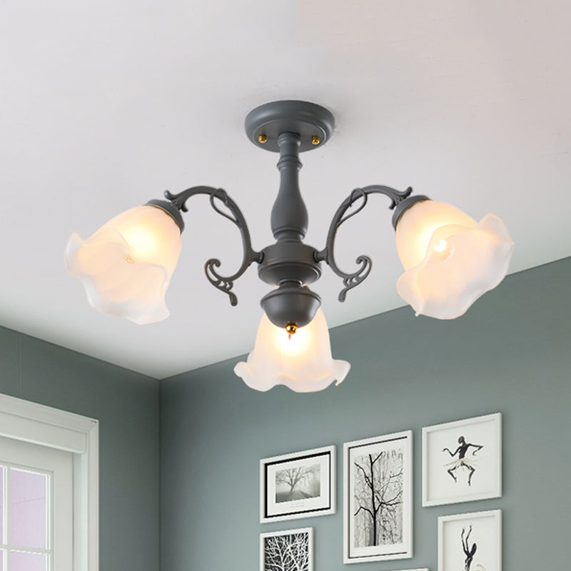 3/5 Bulbs Ruffled Adjustable Semi Flush American Flower Grey/Blue/Green Matte Glass Ceiling Mount Chandelier Clearhalo 'Ceiling Lights' 'Close To Ceiling Lights' 'Close to ceiling' 'Glass shade' 'Glass' 'Semi-flushmount' Lighting' 874549
