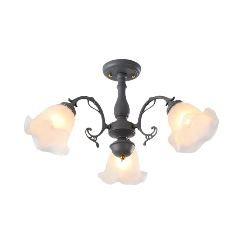3/5 Bulbs Ruffled Adjustable Semi Flush American Flower Grey/Blue/Green Matte Glass Ceiling Mount Chandelier Clearhalo 'Ceiling Lights' 'Close To Ceiling Lights' 'Close to ceiling' 'Glass shade' 'Glass' 'Semi-flushmount' Lighting' 874550